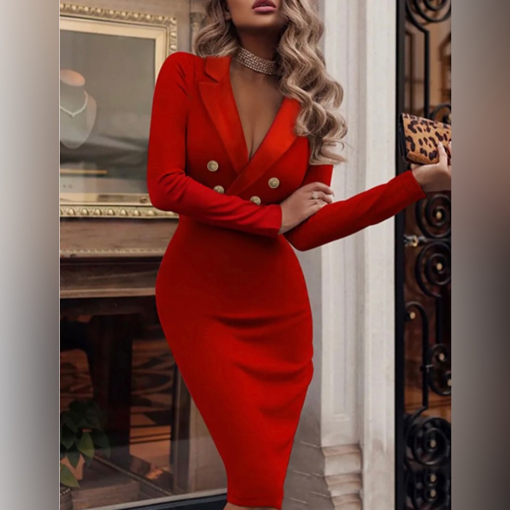 Etsy Fall Red Cottage-core , Long sleeve Dress, Elagant Dress, V-neck